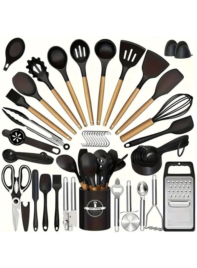 Black Silicone Kitchen Utensil Set With Wooden Grips Heat Resistant Dishwasher Safe - Image 1